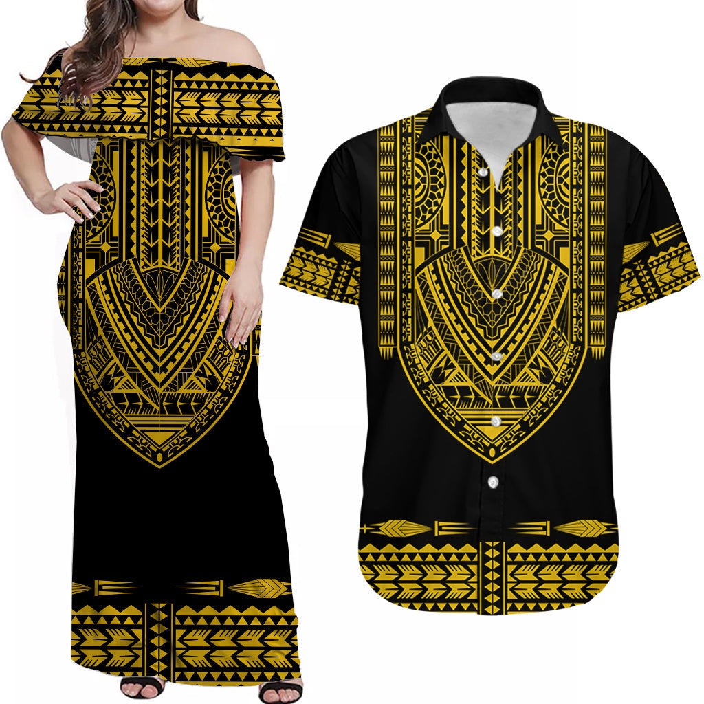 (Custom Personalised) Polynesian Tribal Combo Dress And Hawaiian Shirt Dashiki With Polynesian Tattoo Royal Golden Version