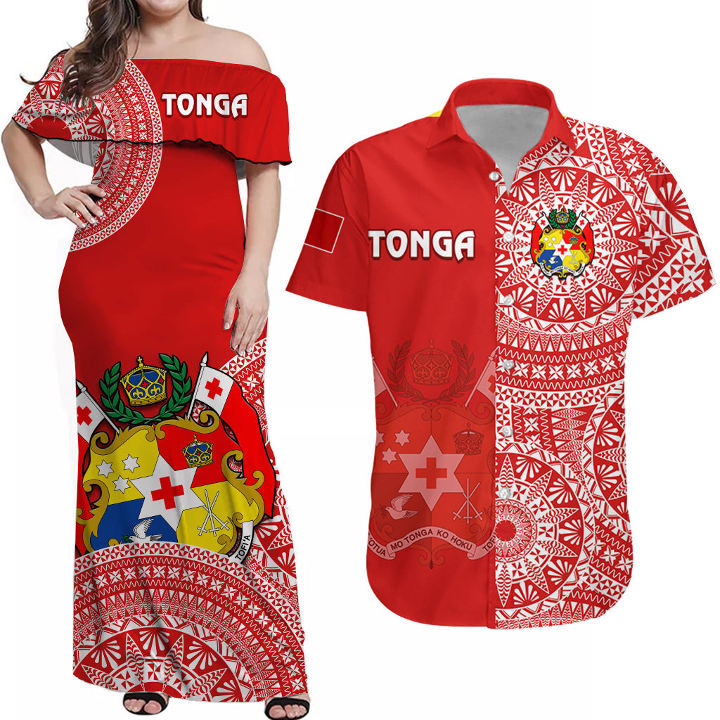 (Custom Text And Number) Matching Outfits For Couples Tonga Combo Dress And Hawaiian Shirt Tongan Coat Of Arms Ngatu Pattern