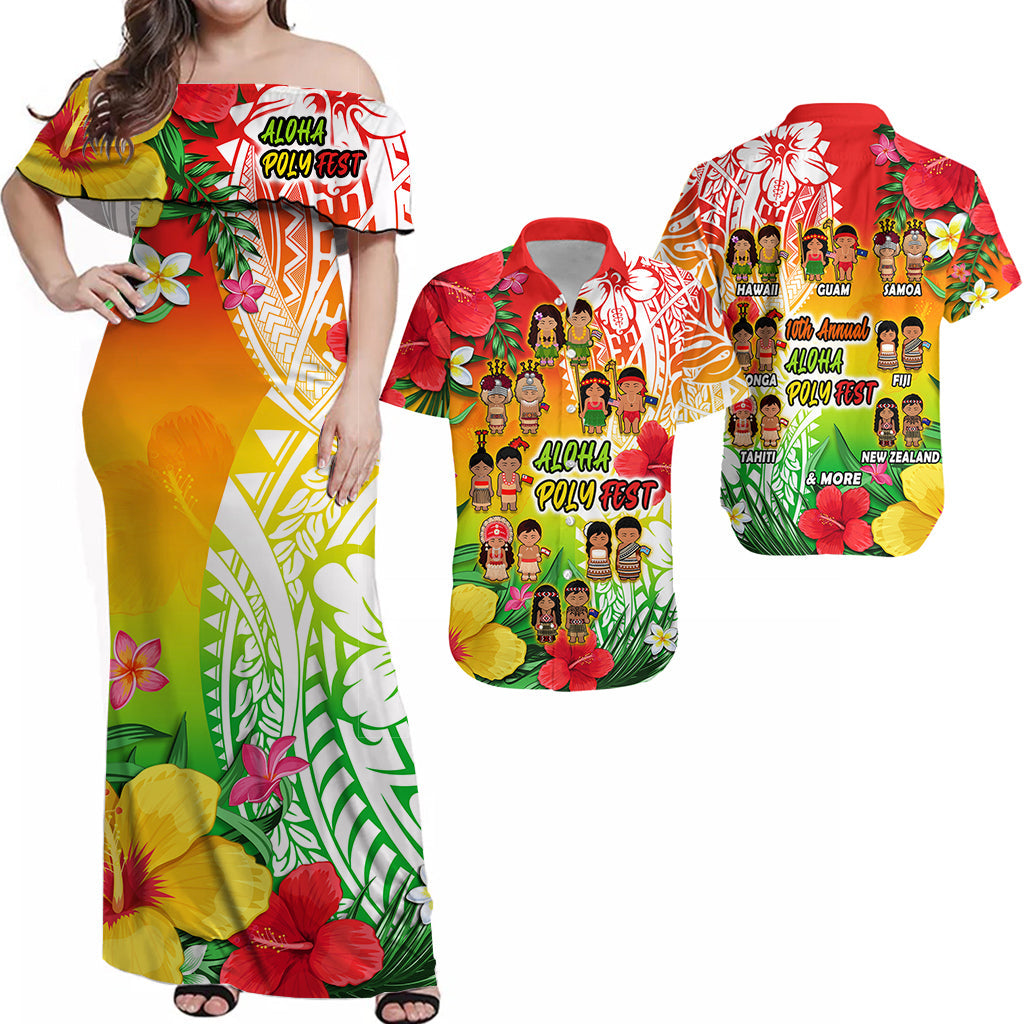 Matching Outfits For Couples Aloha Poly Fest Combo Dress And Shirt Polynesian Pattern With Tropical Flowers