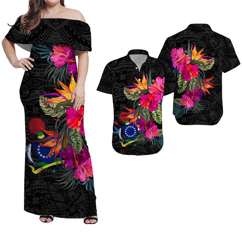 Matching Outfits For Couples Cook Islands Hibiscus Polynesian Tribal Combo Dress And Hawaiian Shirt