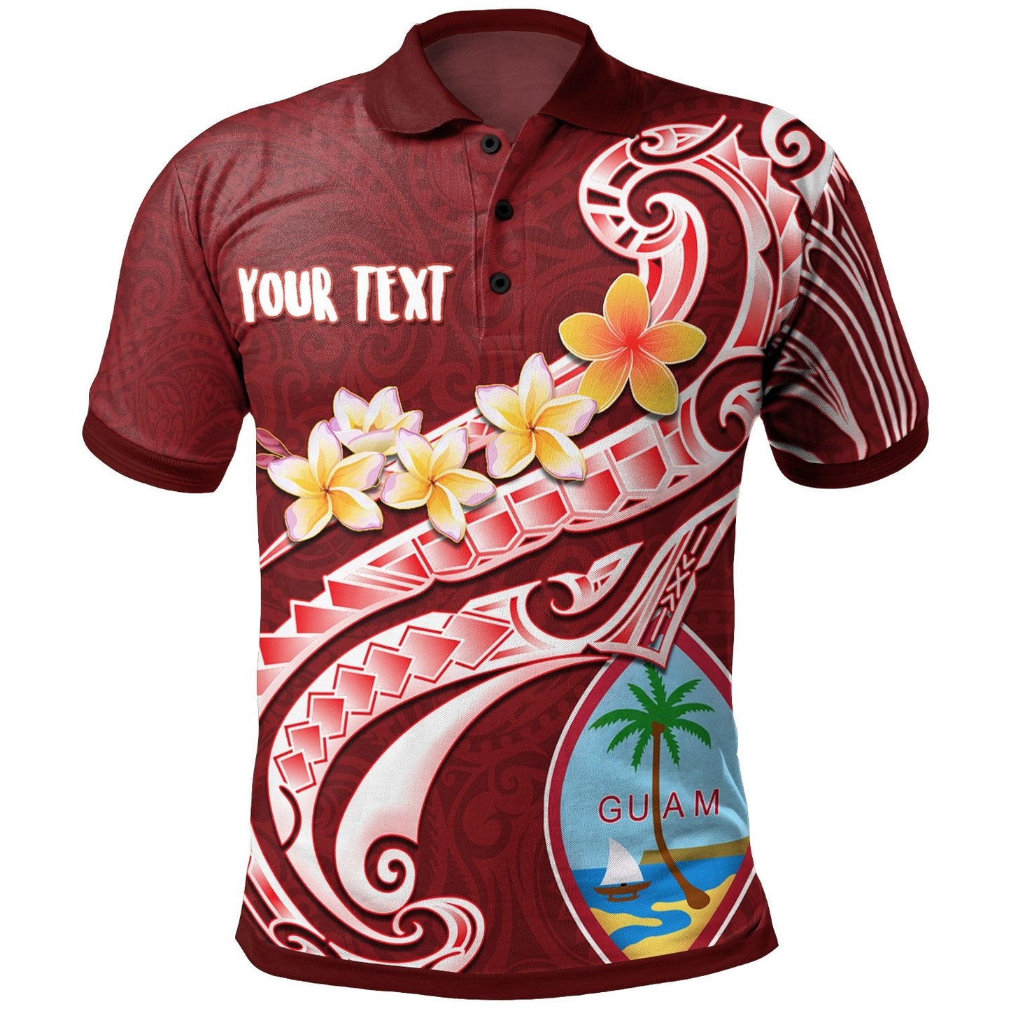 Guam Personalised Polynesian Hawaii Polo - Guam Seal Polynesian Patterns Plumeria Red