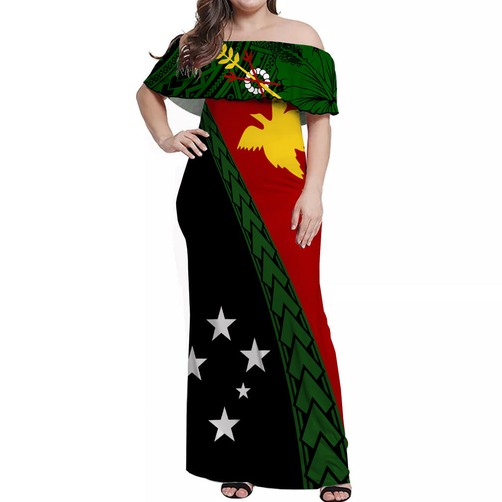 PNG Hibiscus Tribal Pattern Off Shoulder Long Dress Simbu Province