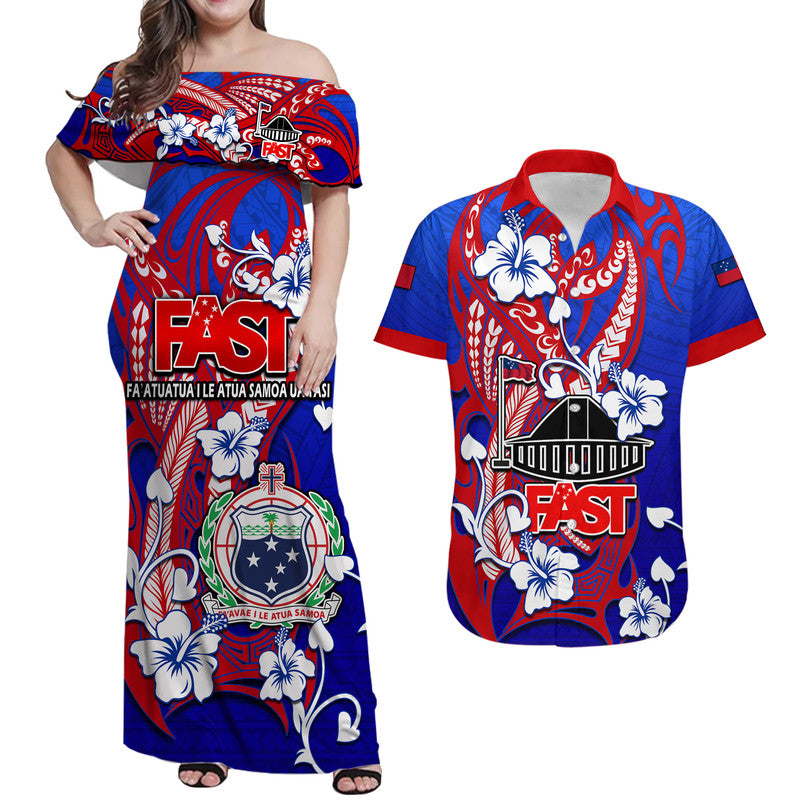 Matching Outfits For Couples Special Samoa FAST Party Combo Dress and Hawaiian Shirt Tribal Samoan Hibiscus Design