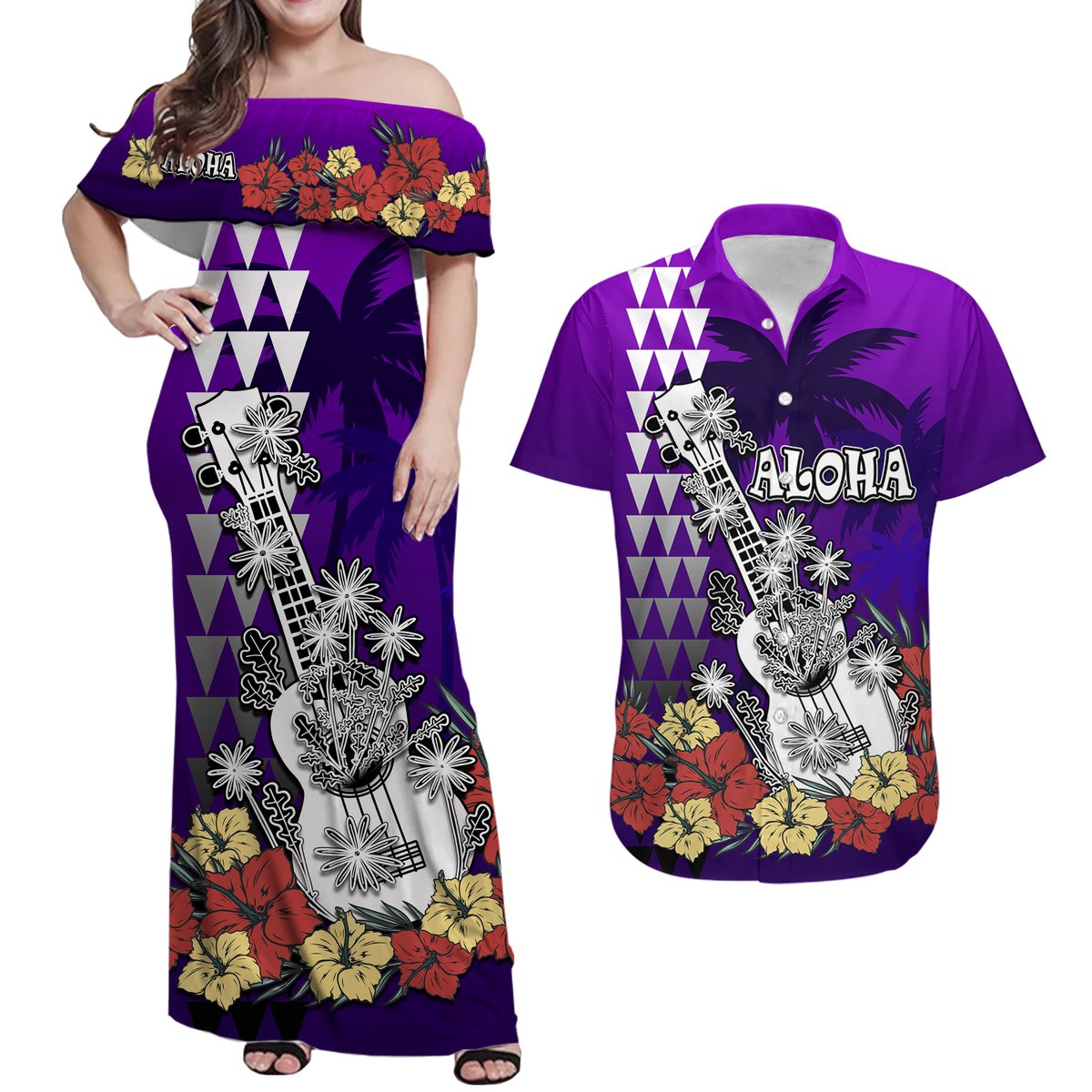 Hawaiian Matching Outfits For Couples Hawaii Ukulele Mix Hibiscus and Palm Tree Combo Dress and Hawaiian Shirt Aloha Vintage Purple Version