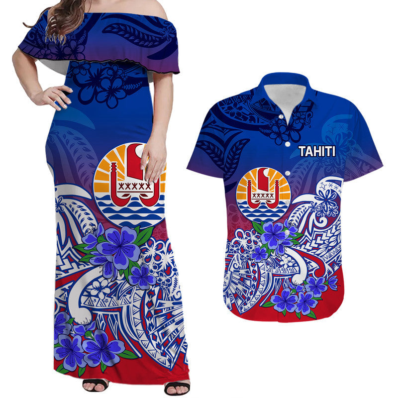Matching Clothes For Couples Tahiti Couple Women Off Shoulder Long Dress and Hawaiian Shirt Polynesian Floral Tribal