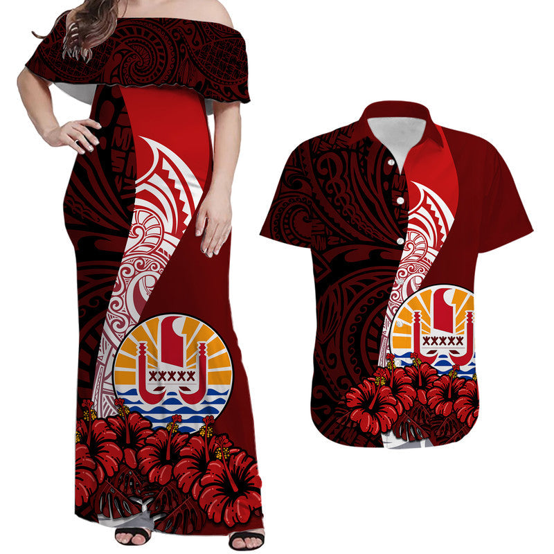 Matching Outfits For Couples Tahiti Couple Women Off Shoulder Long Dress and Hawaiian Shirt Polynesian Coat Of Arm With Hibiscus