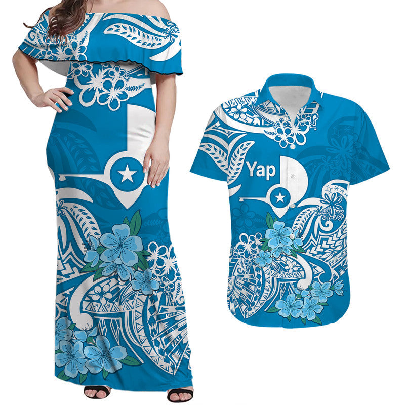 Matching Outfits For Couples FSM Yap State Couple Women Off Shoulder Long Dress and Hawaiian Shirt Polynesian Floral Tribal