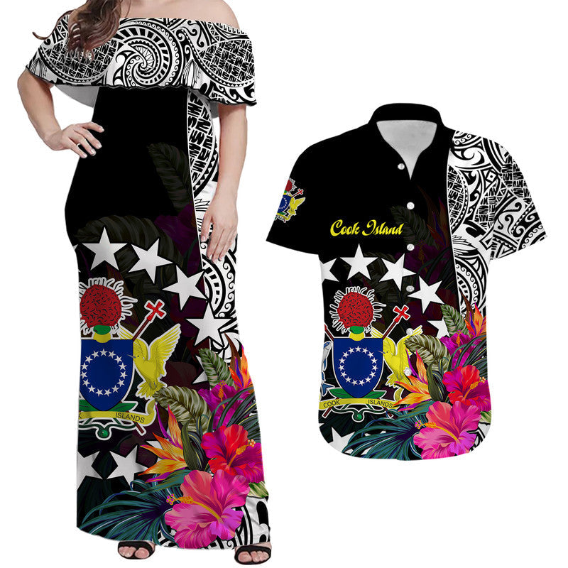 Matching Outfits For Couples Cook Island Couple Women Off Shoulder Long Dress and Hawaiian Shirt Tribal Polynesian and Tropical Flowers