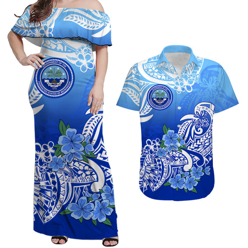 Matching Outfits For Couples Federated States Of Micronesia Couple Women Off Shoulder Long Dress and Hawaiian Shirt Polynesian Floral Tribal