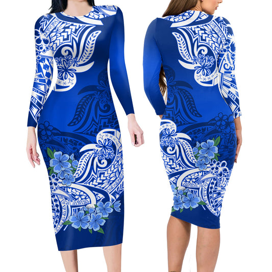 Polynesian Matching Outfit For Couples Floral Tribal Blue Style Bodycon Dress And Hawaii Shirt