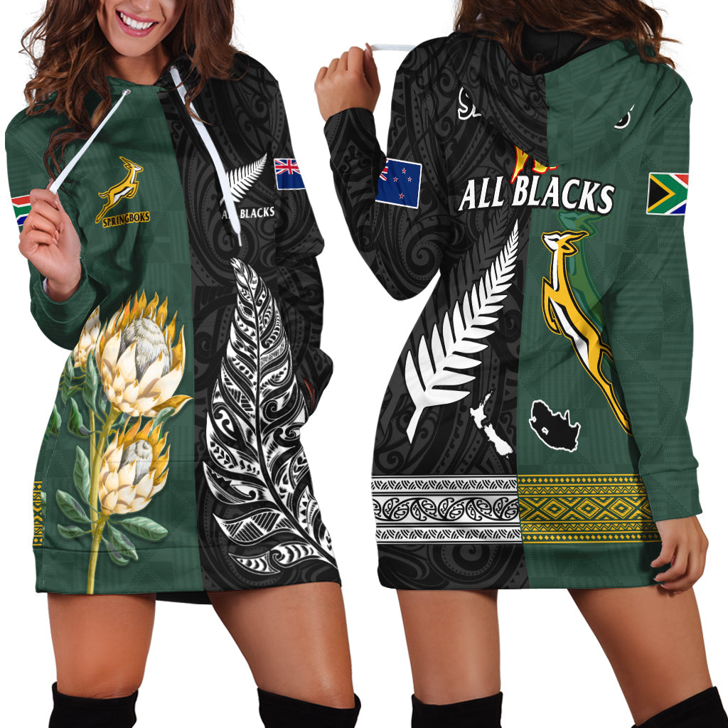 South Africa Protea and New Zealand Fern Hoodie Dress Rugby Go Springboks vs All Black