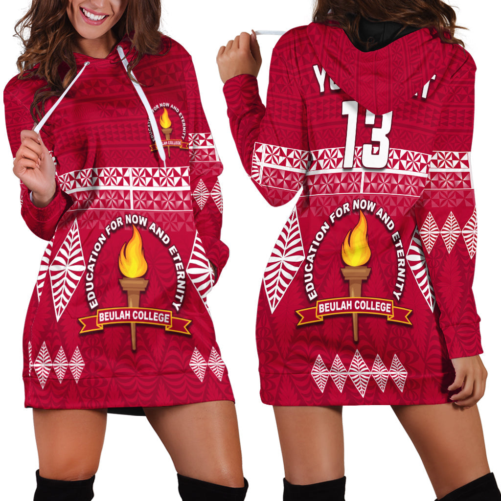 Custom Text and Number Beulah College Hoodie Dress Ngatu Pattern Tonga