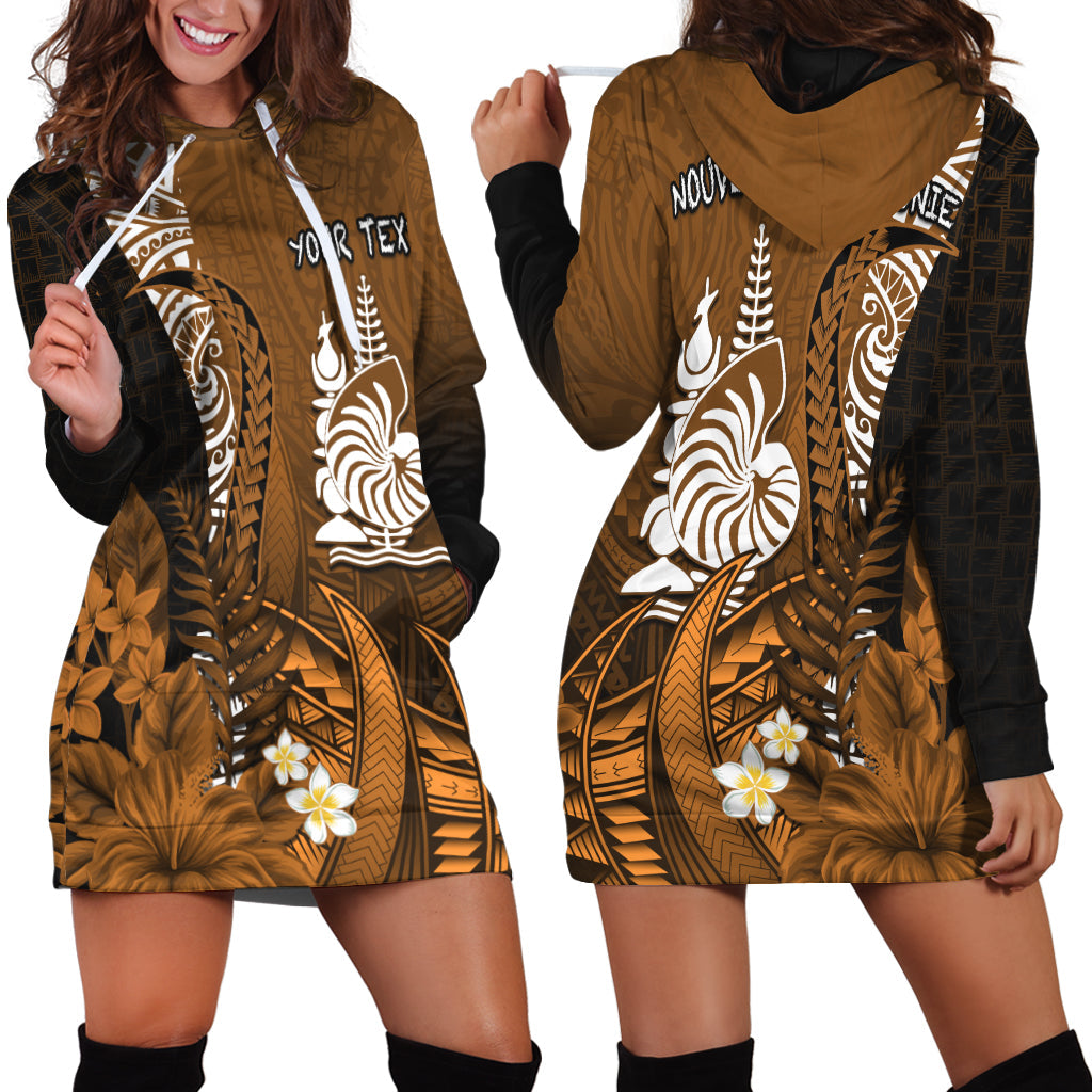 Custom Personalised New Caledonia Hoodie Dress Nautilus Gold Polynesian Hibiscus