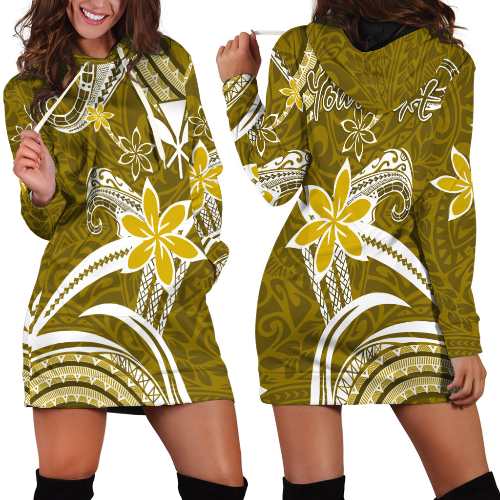 Custom Personalised Hawaii Flowers Wave Hoodie Dress Kanaka Maoli Gold Polynesian