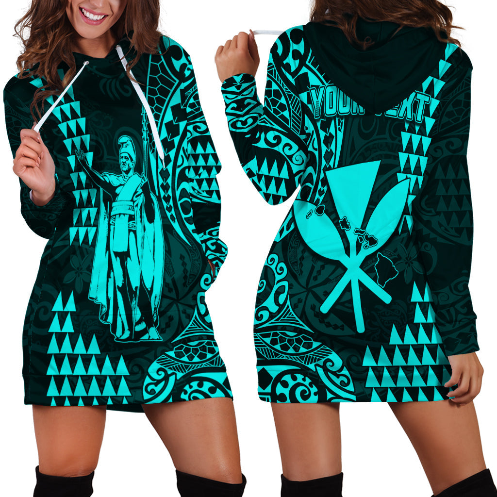 Custom Personalised Hawaii Day Kakau Hoodie Dress Proud To Be Hawaiian Turquoise King Kamehameha and Kanaka Maoli
