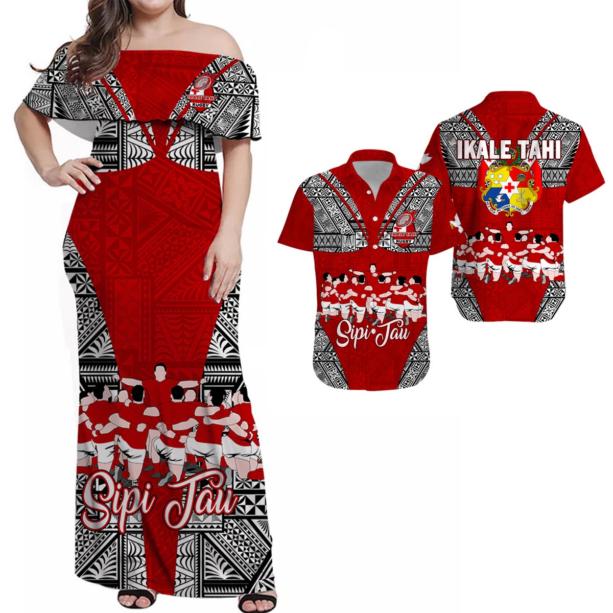 Matching Clothes For Couples Tonga Rugby Ikale Tahi Sipi Tau Combo Dress And Hawaiian Shirt