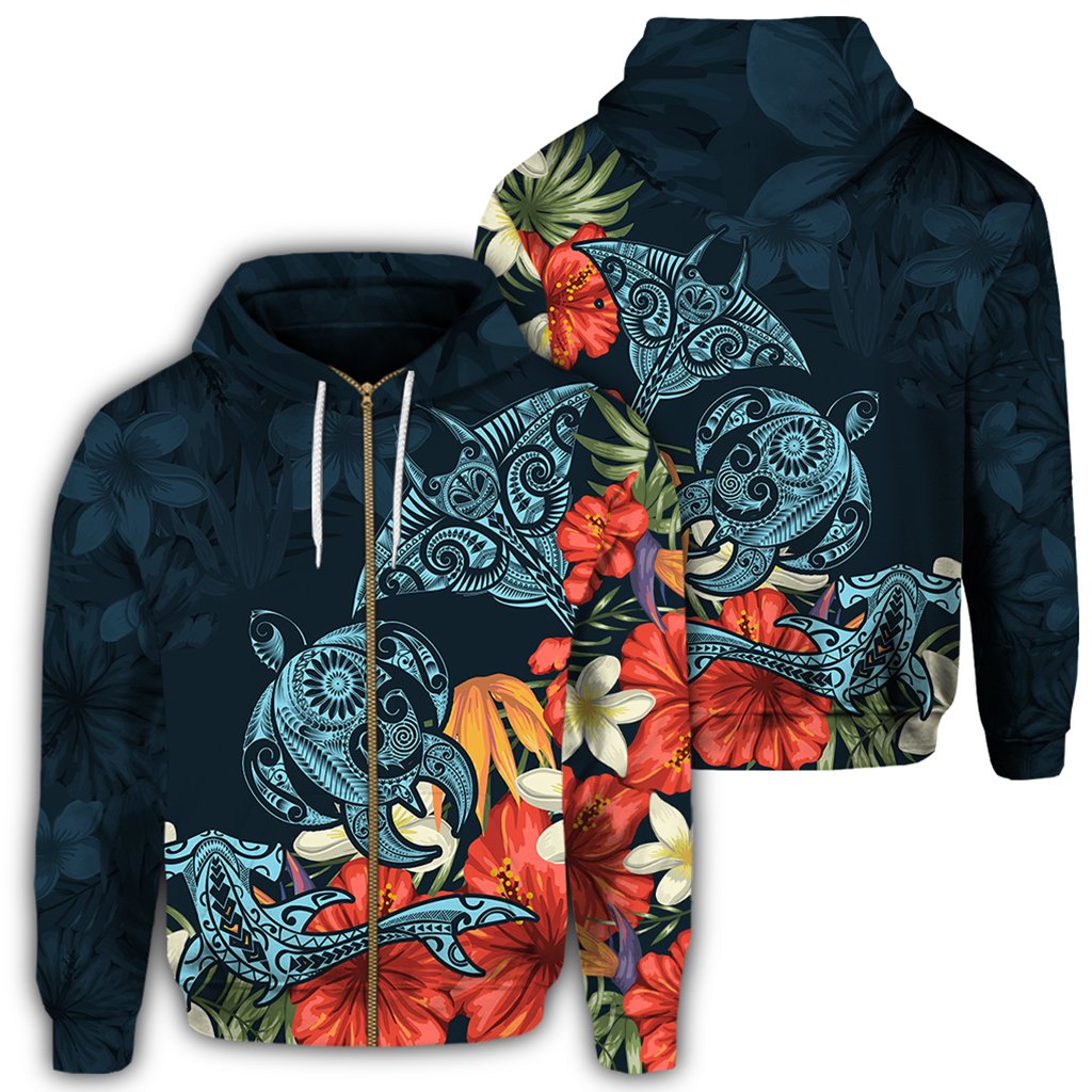 Hawaii Turtle Shark Manta Ray Hibiscus Plumeria Hoodie (Zip up) AH