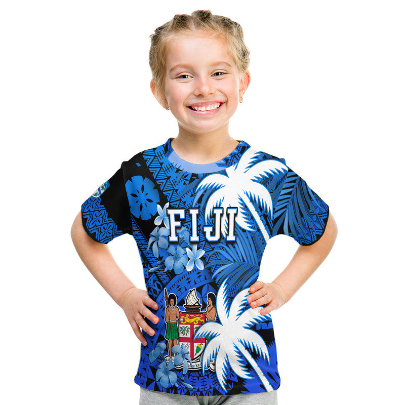 Fiji Coat Of Arms T Shirt Masi Tapa Mixed Palm Tree No2 Blue Color Version
