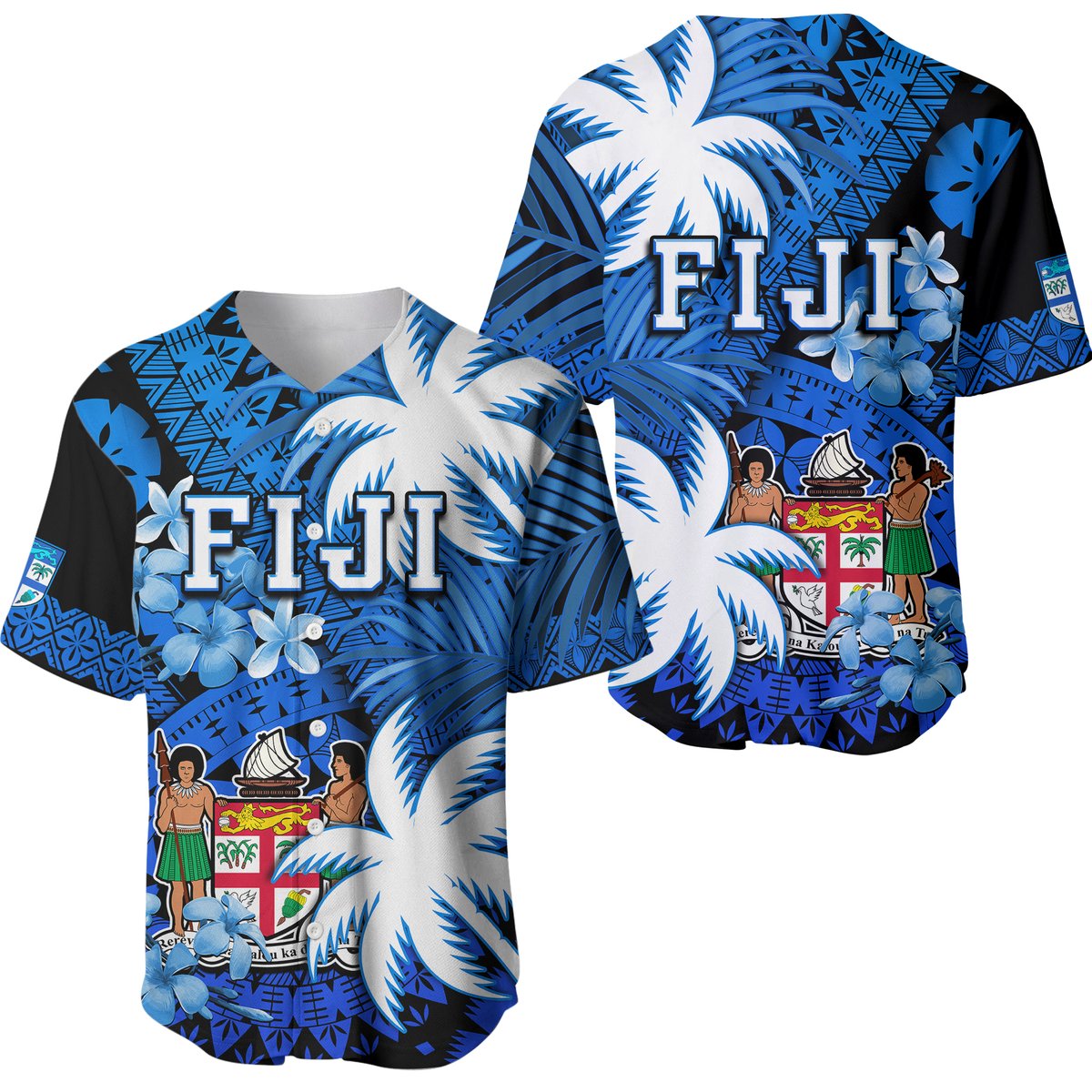 Fiji Coat Of Arms Baseball Jersey Masi Tapa Mixed Palm Tree No2 Blue Version