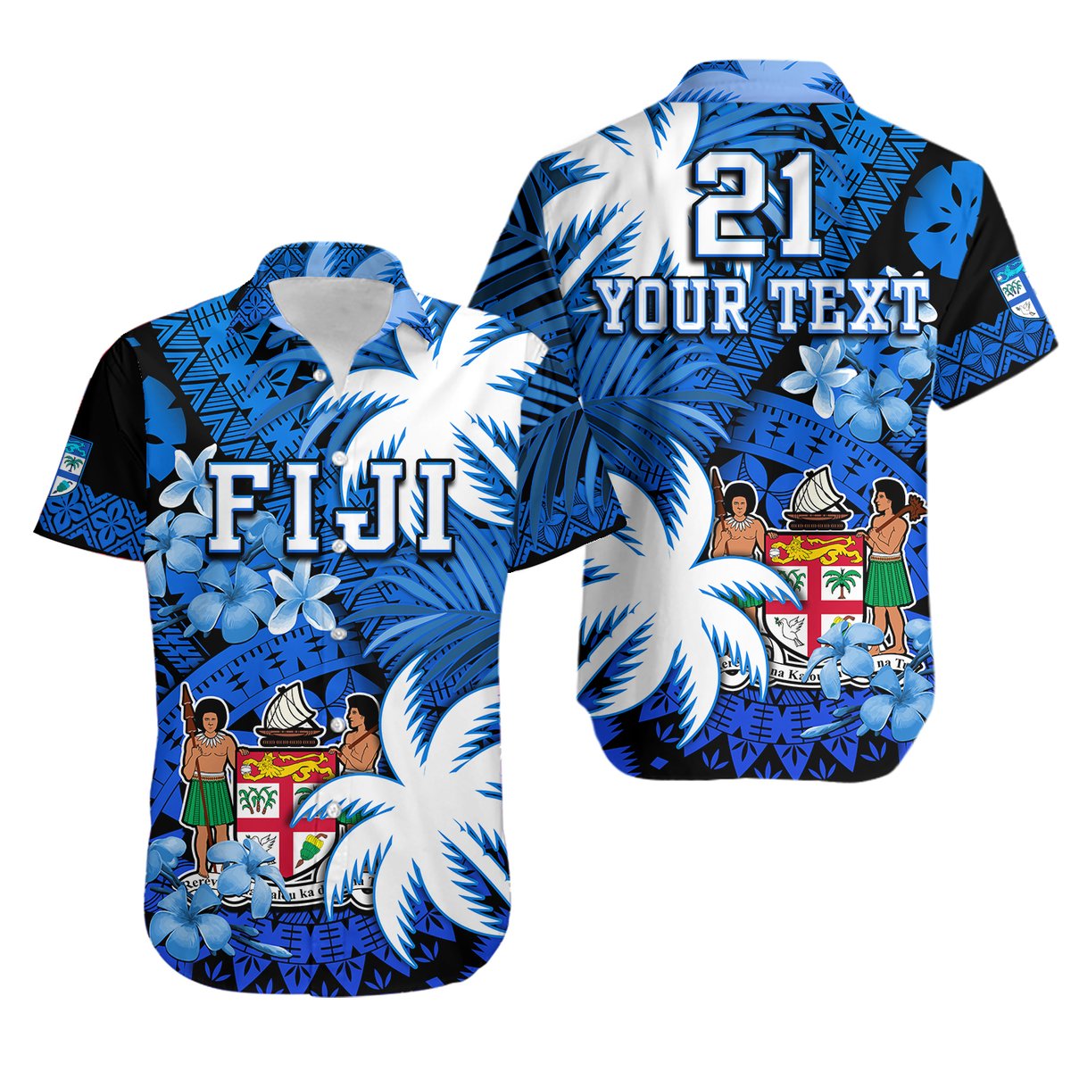 Custom Personalised Fiji Coat Of Arms Hawaiian Shirt Masi Tapa Mixed Palm Tree No2 Blue Version