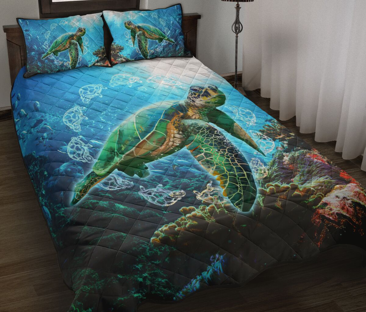 Hawaii Turtle Coral Quilt Bed Set Green Sea AH