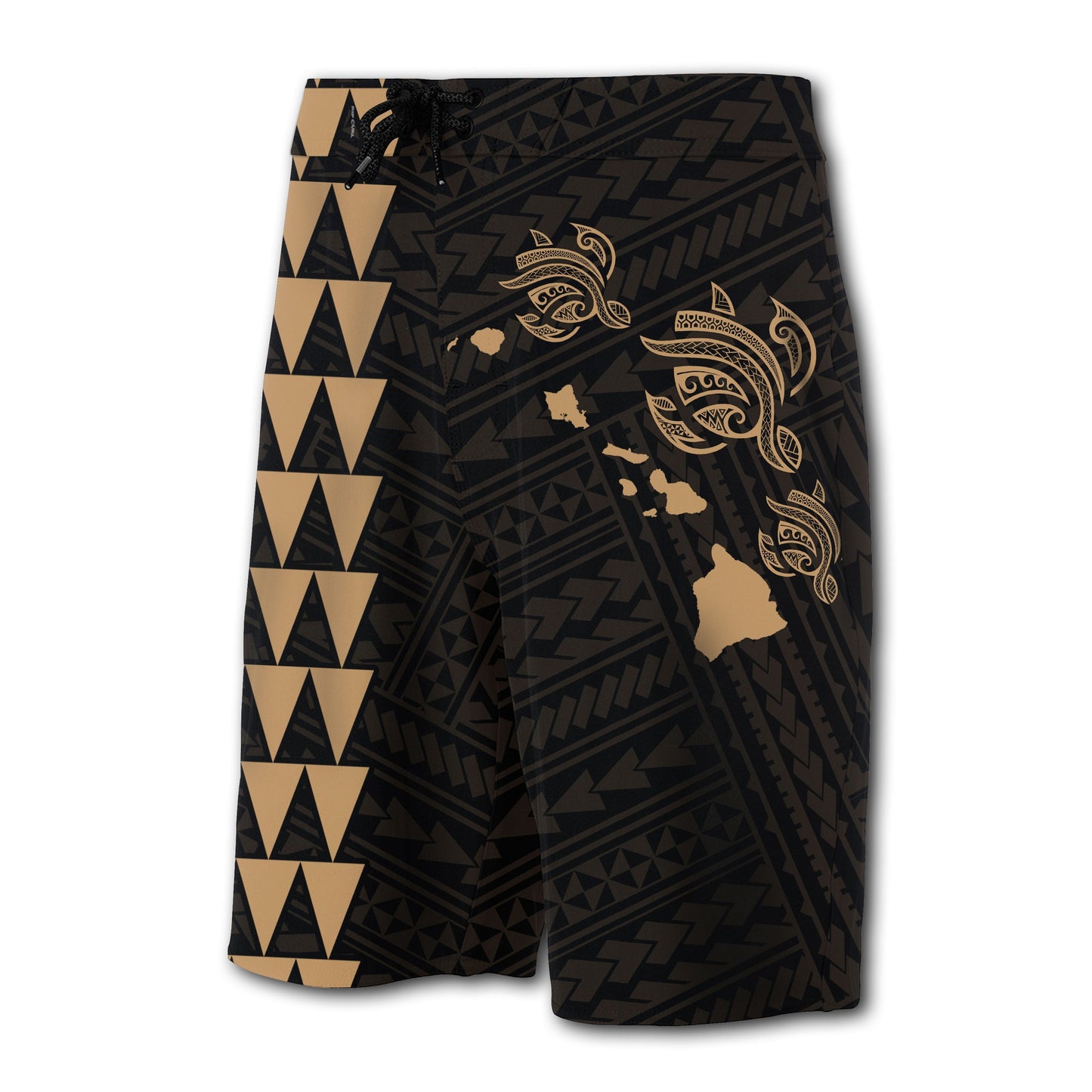 Hawaii Kakau Polynesian Three Turtles Map Board Shorts - Gold