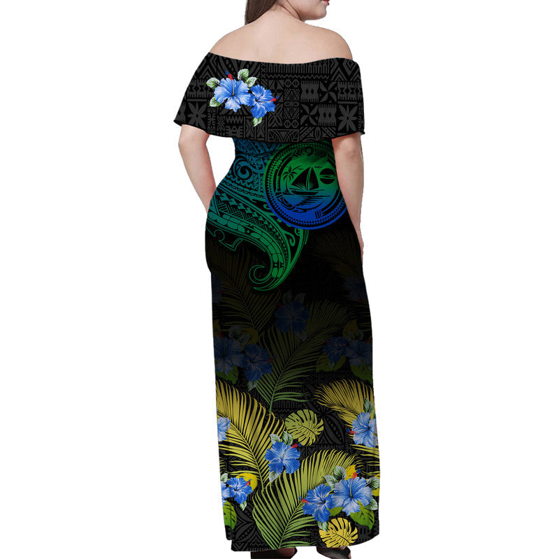 Vanuatu Malampa Province Women Off Shoulder Long Dress Hibiscus Tribal Polynesian Tattoo Ver Gradient