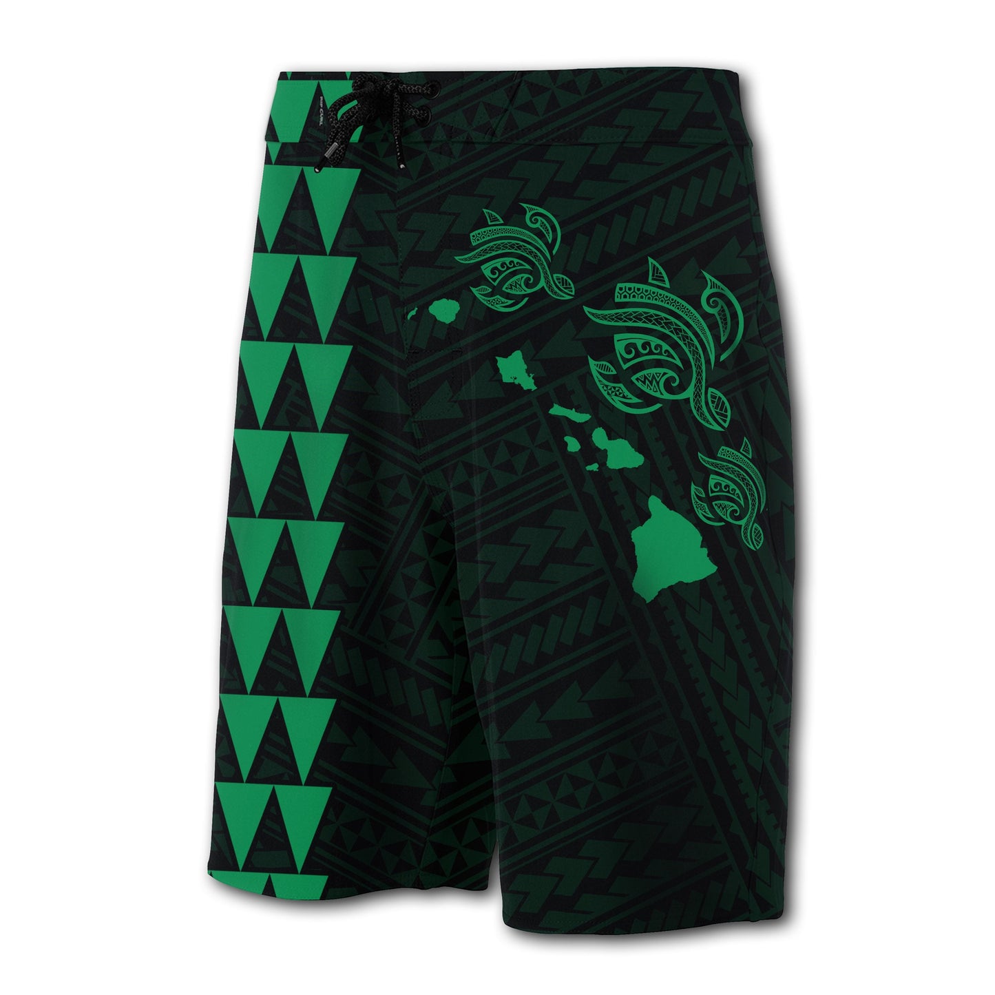 Hawaii Kakau Polynesian Three Turtles Map Board Shorts - Green