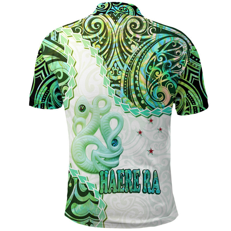 New Zealand Maori Polo Shirt Aotearoa Manaia Green Paua Shell - Heare Shirt