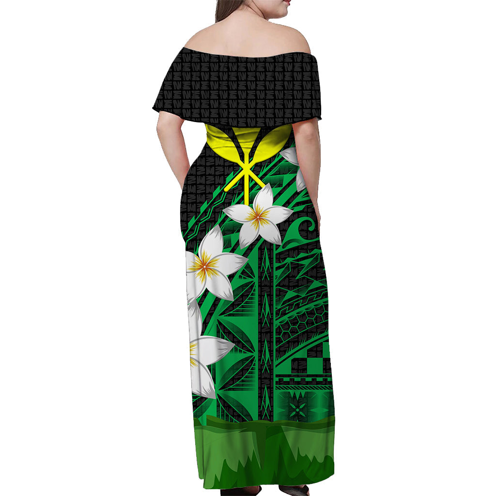 Hawaii Off Shoulder Dress Banana Leaf With Plumeria Flowers Green