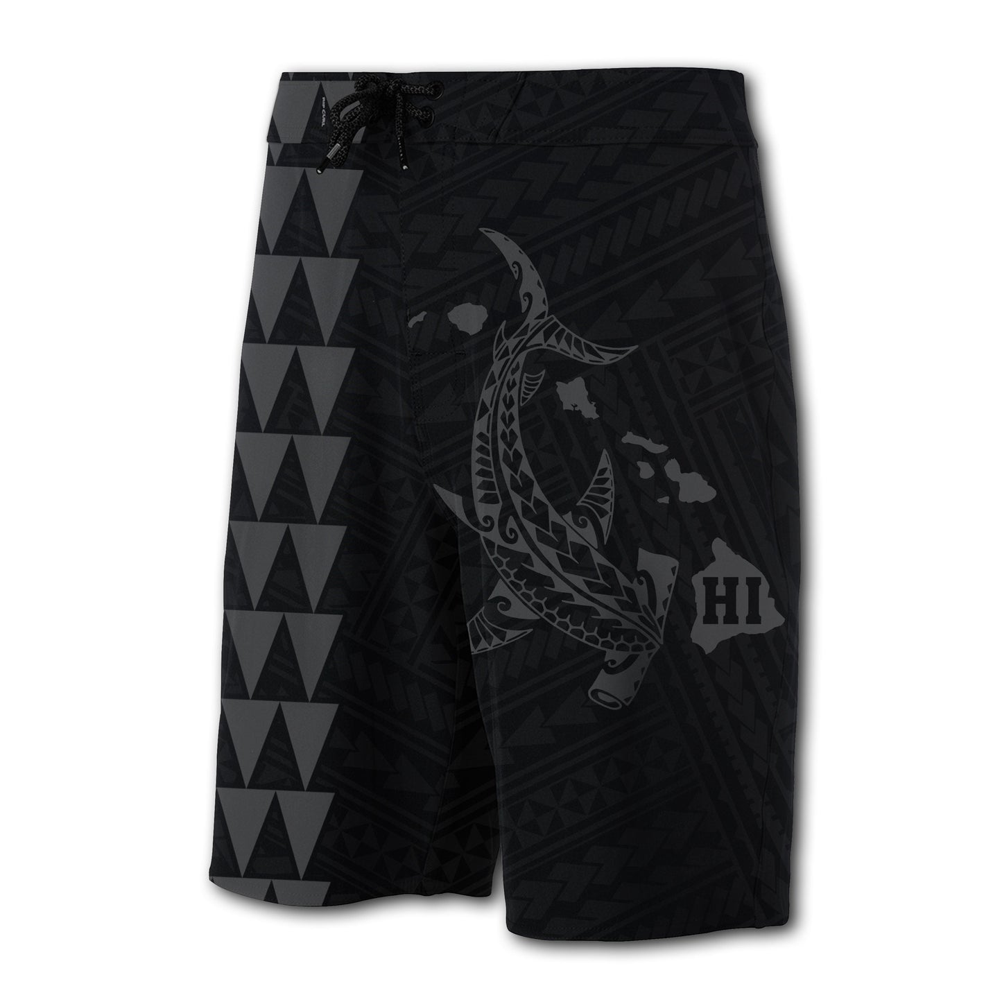 Hawaii Kakau Polynesian Hammerhead Shark Map Board Shorts - Grey