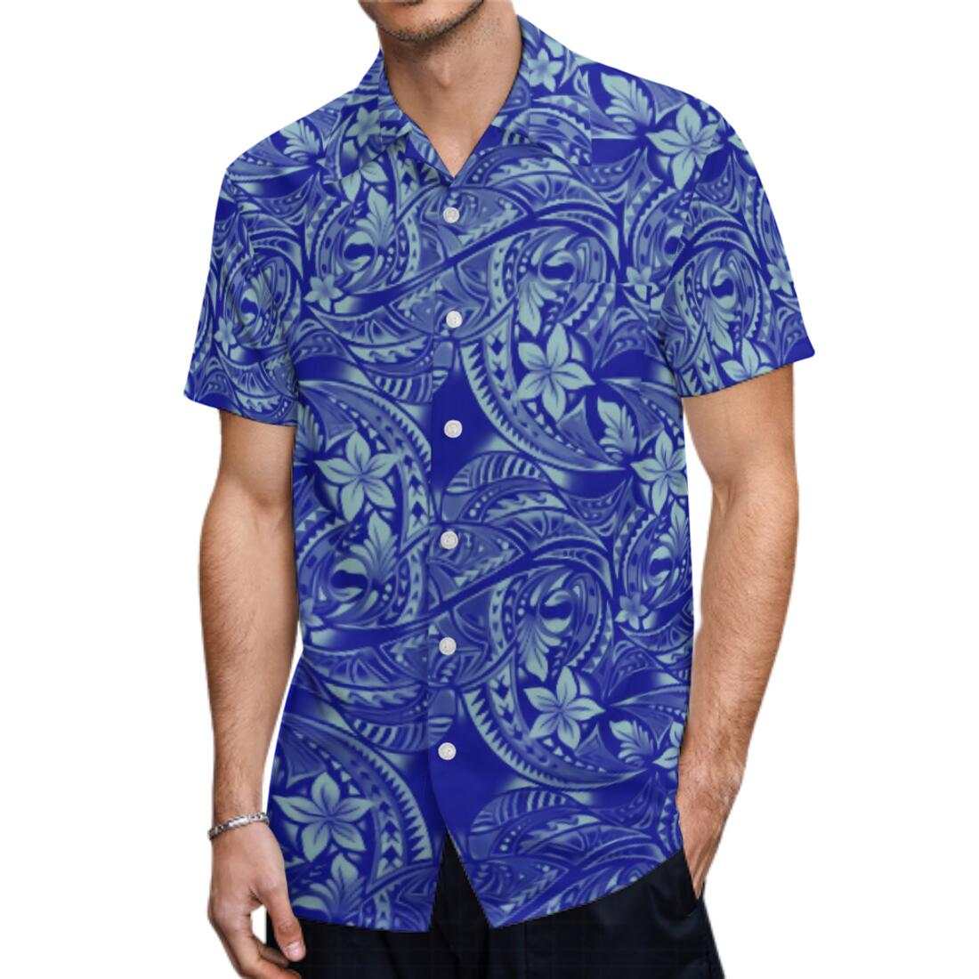 Polynesian Samoa Tribal Flowers Pattern Printed Short Sleeve Shirt Polynesian Summer Blue Hawaiian Shirt