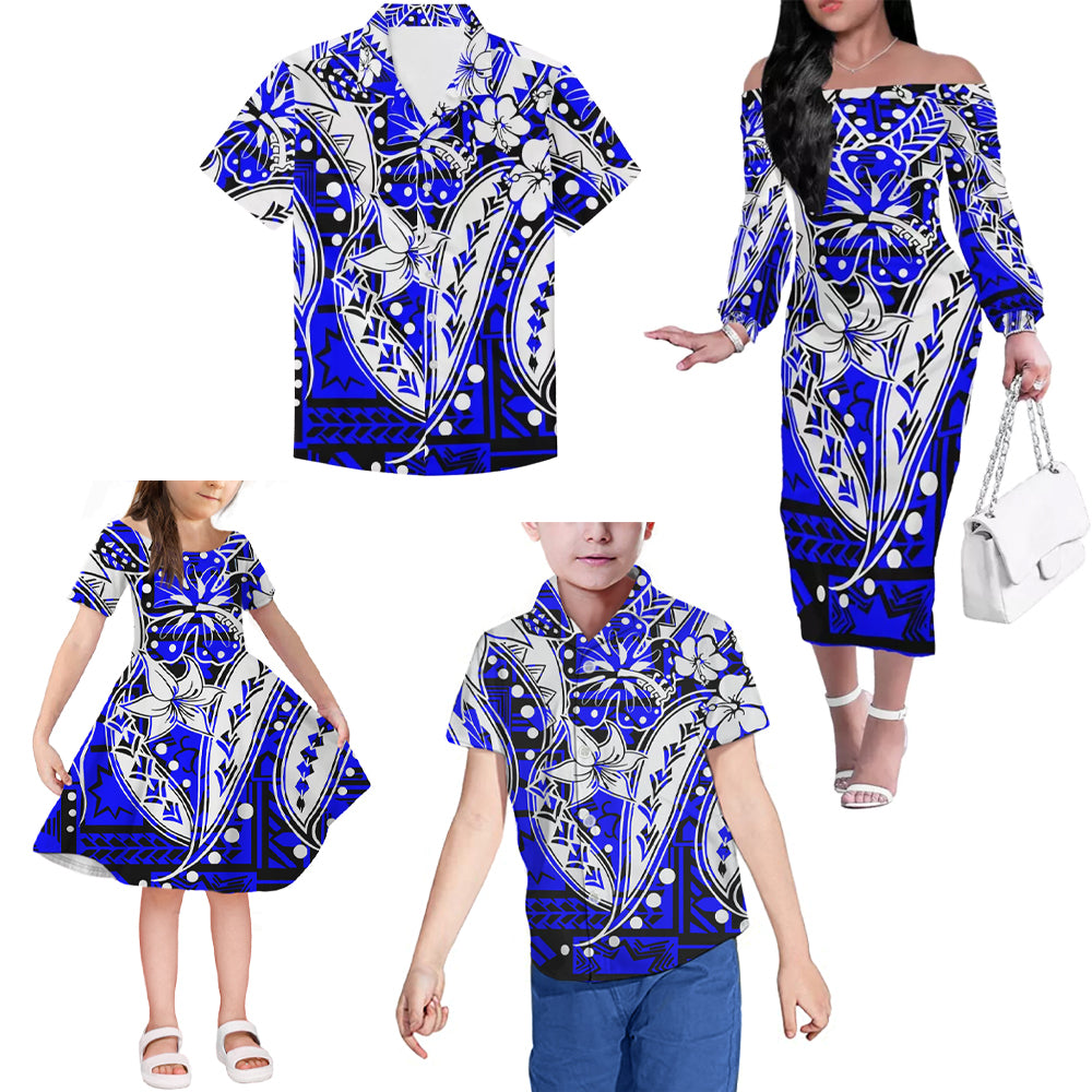 Blue Polynesian Tribal Flowers Pattern Matching Outfit For Family Island Dress Hawaiian Shirt For Her Him Family Members