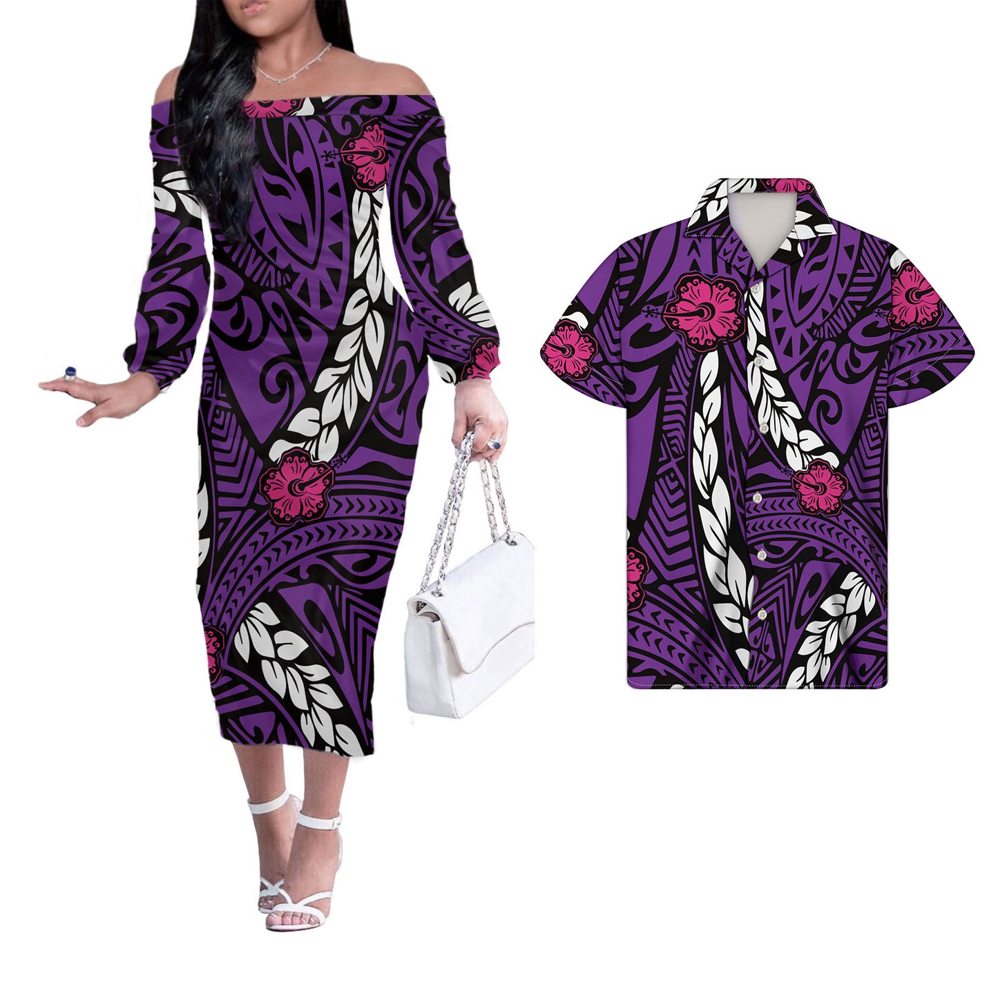 Polynesian Tribal Hibiscus Flowers Tropical Pattern Couple Matching Outfits Men Shirts and Dress Off Shoulder Long Dresses for Women