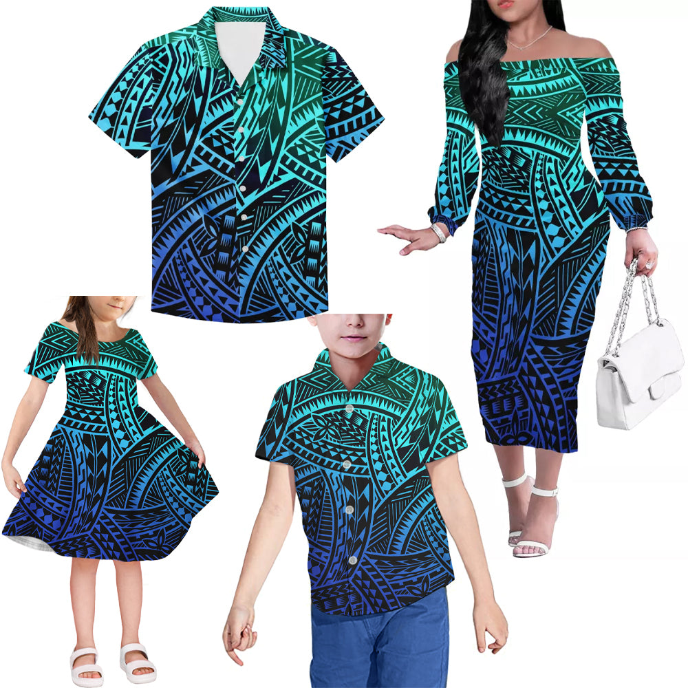 Blue Polynesian Tribal Pattern Matching Outfit For Family Island Dress Hawaiian Shirt For Her Him Family Members