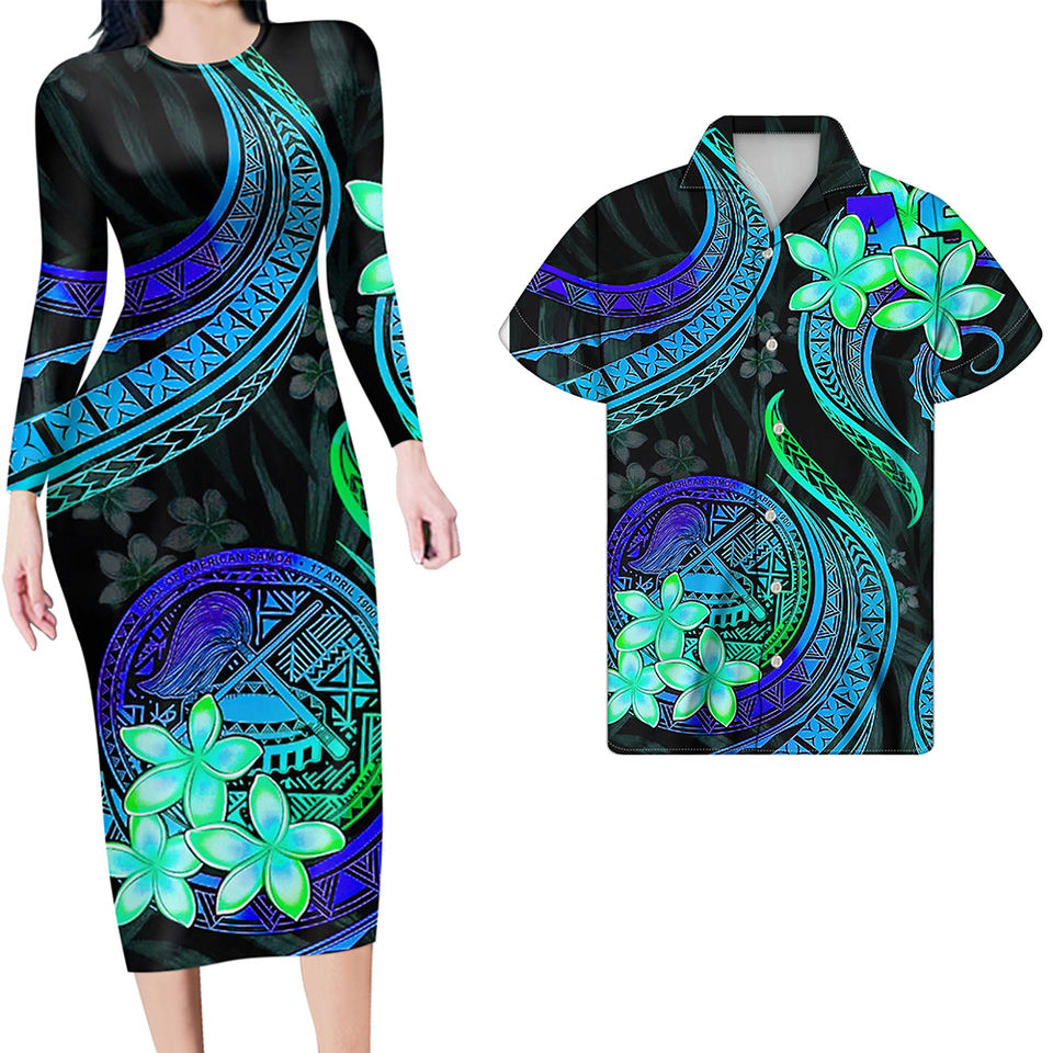 Hawaii Matching Outfit For Couples Hawaii Flowers Polynesian Tribal Bodycon Dress And Hawaii Shirt