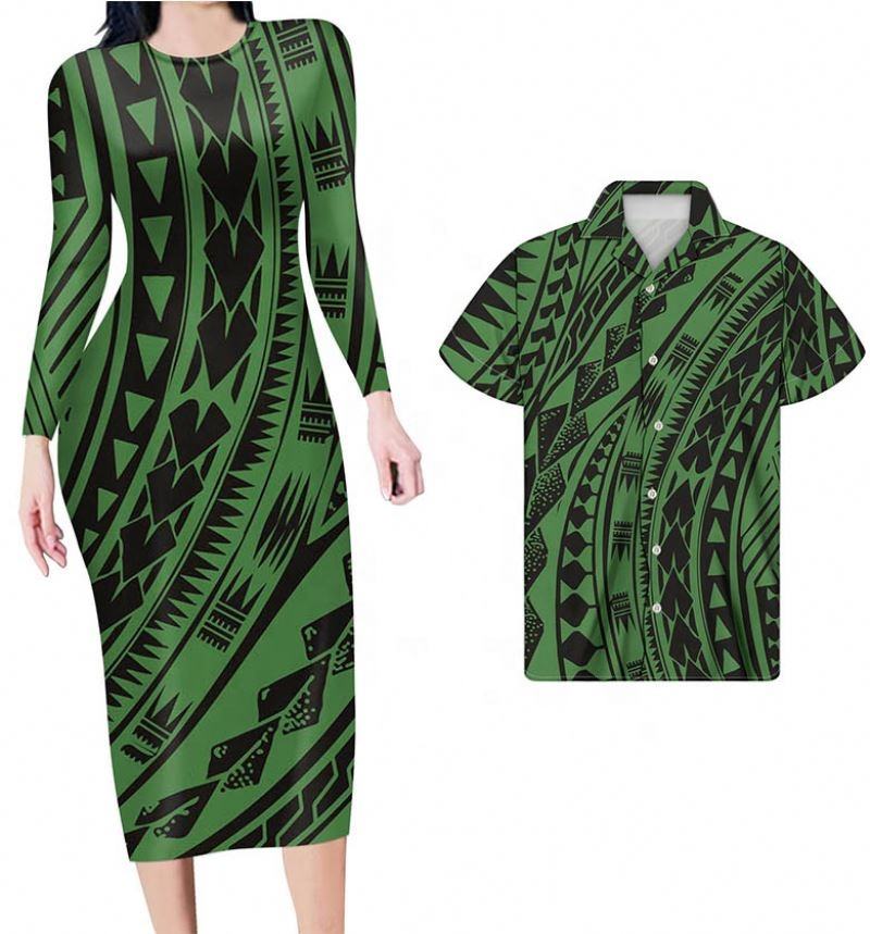 Hawaii Matching Clothes For Couples Polynesian Tribal Green Bodycon Dress And Summer Hawaii Shirt