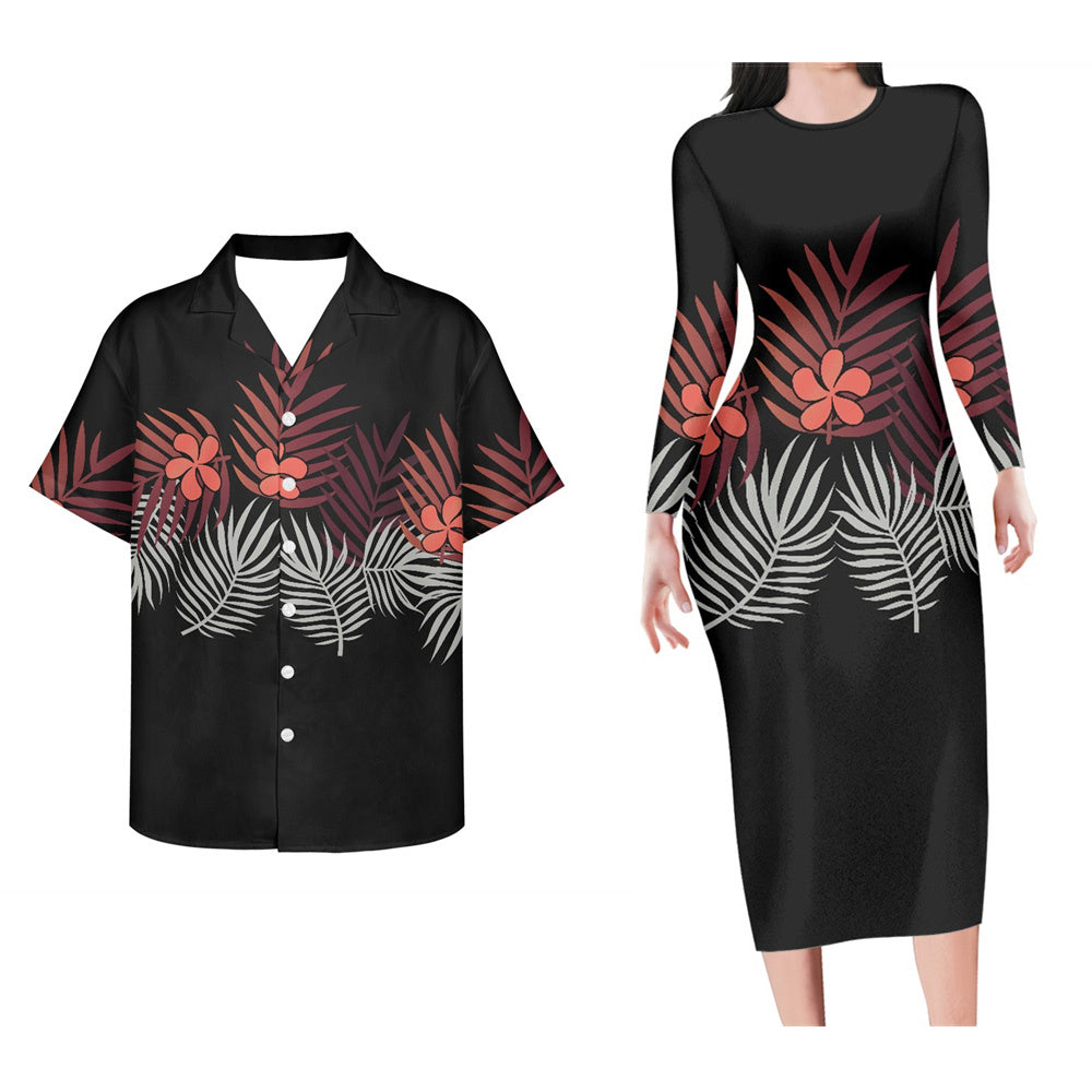 Black Polynesian Tribal Tropical Leaf Pattern Matching Outfit For Couple Bodycon Dress And Hawaii Shirt Island Outfit Set