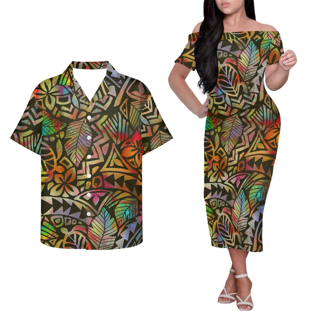 Polynesian Island Tribal Flowers Pattern Couple Outfits Island Hung Short Sleeved Dress And Hawaiian Shirt Party Outfit Set