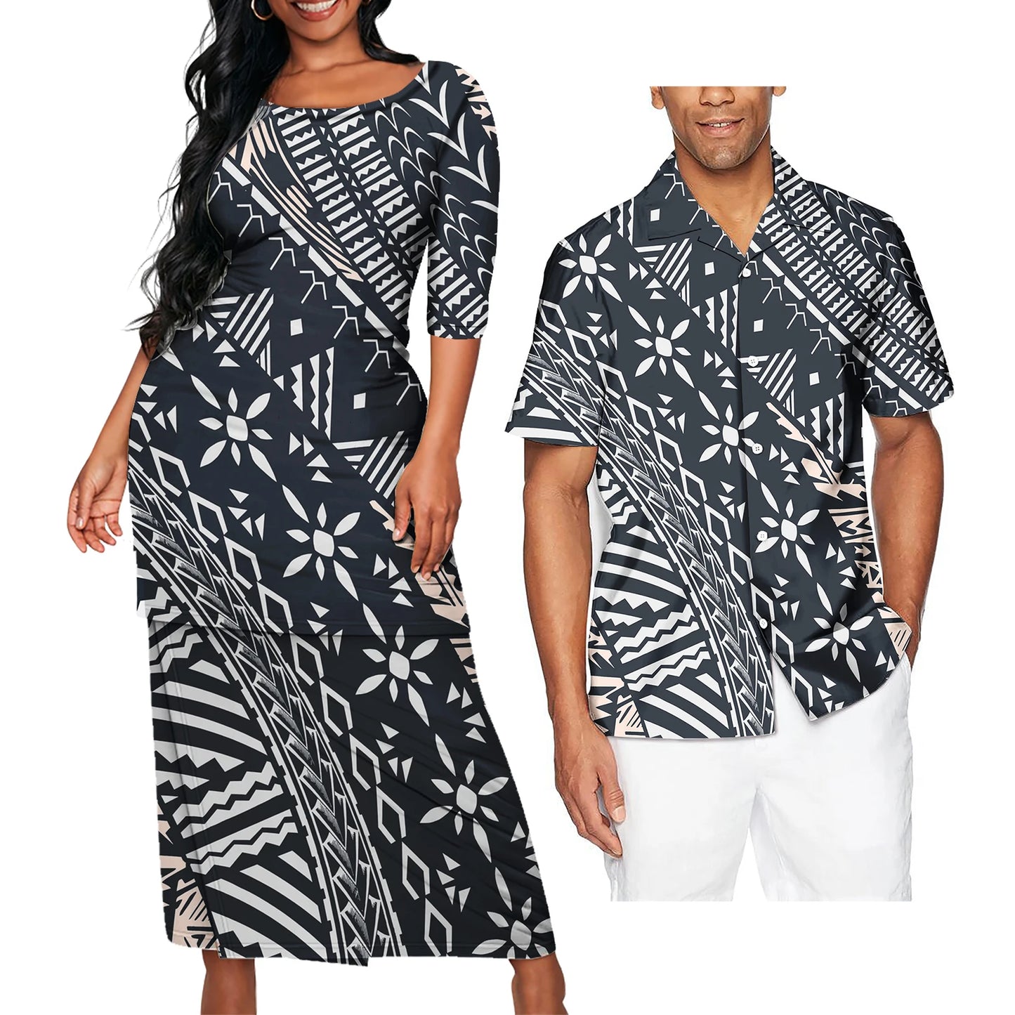 Polynesian Tribal Pattern Printed Black Clothing Set Samoan Polynesian Tribal Matching Couple Outfit For Him Her Curve Style