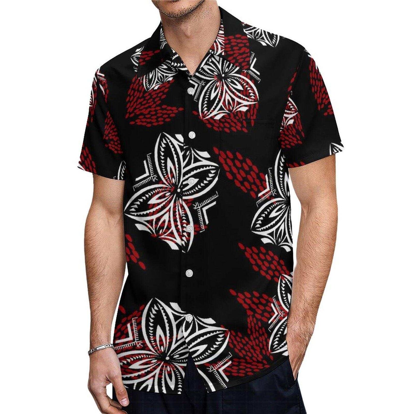 Polynesian Samoa Tribal Flowers Pattern Printed Short Sleeve Shirt Polynesian Black Summer Hawaiian Shirt