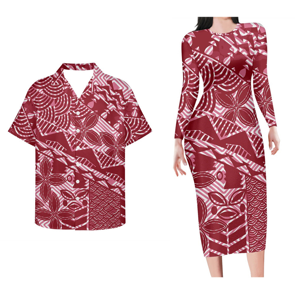 Polynesian Tribal Pattern Red Couple Set Bodycon Dress And Hawaii Shirt Island Matching Outfit For Couple