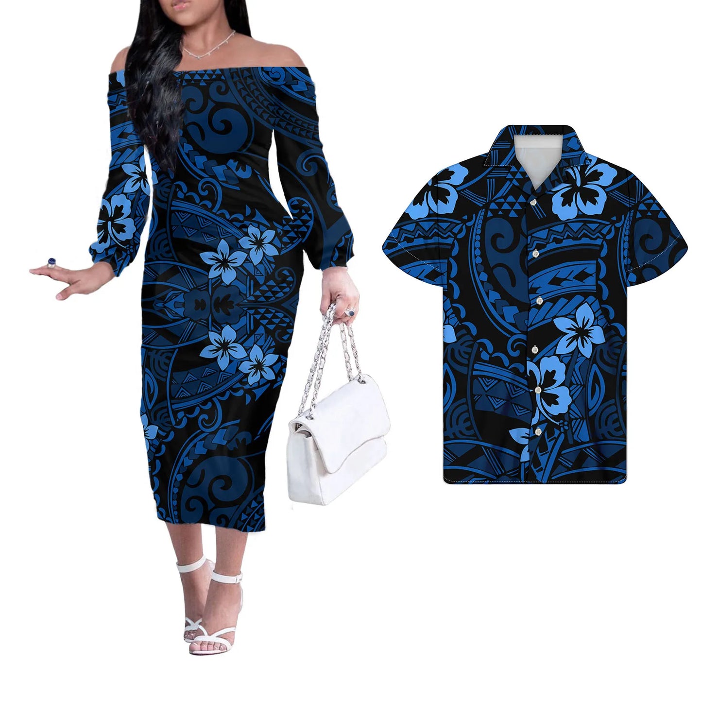 Polynesian Tribal And Plumeria Flower Pattern Matching Outfit For Couples Men Shirts and Blue Dress Off Shoulder Long Dresses for Women