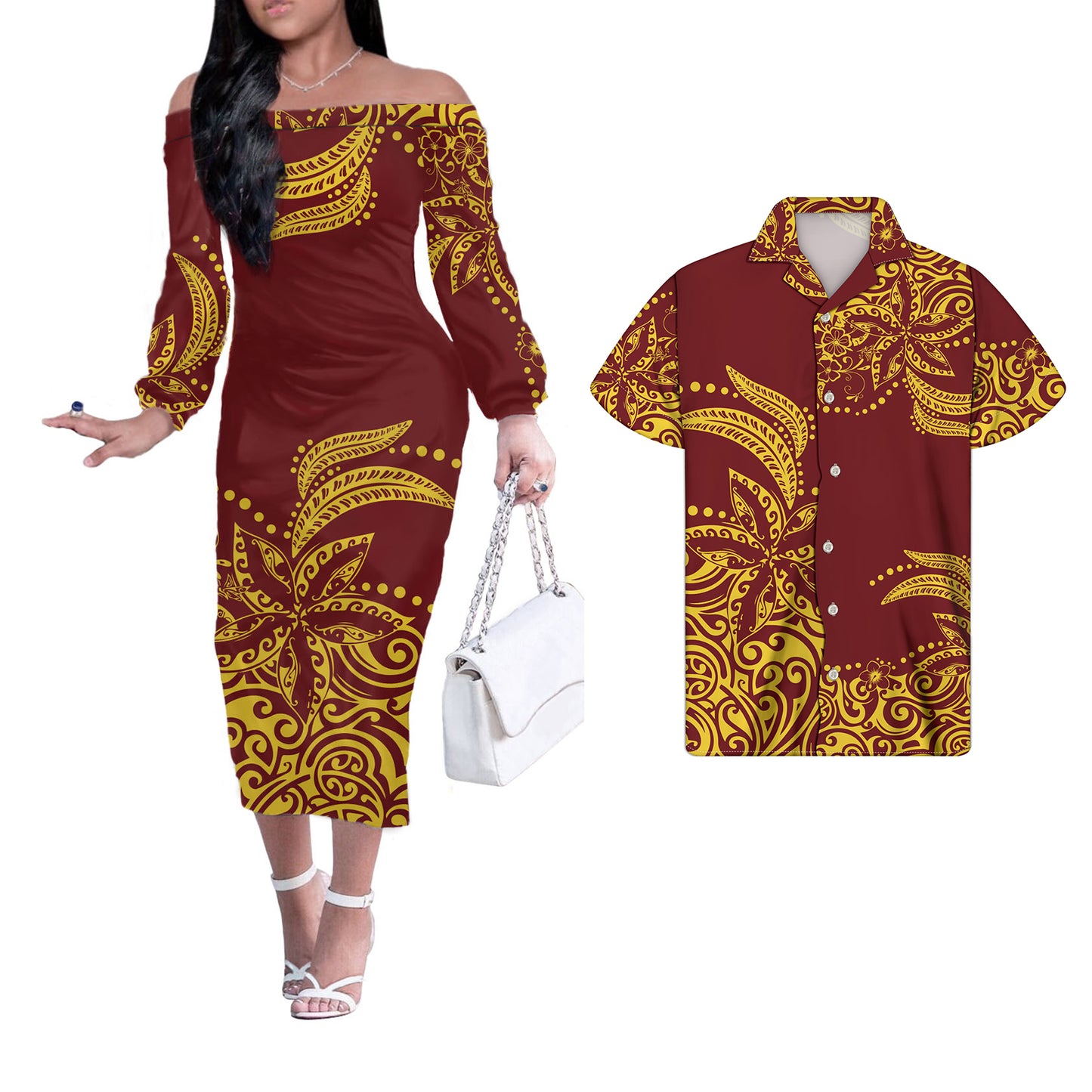 Polynesian Tribal Flowers Tropical Pattern Brown Couple Matching Outfits Men Shirts and Dress Off Shoulder Long Dresses for Women
