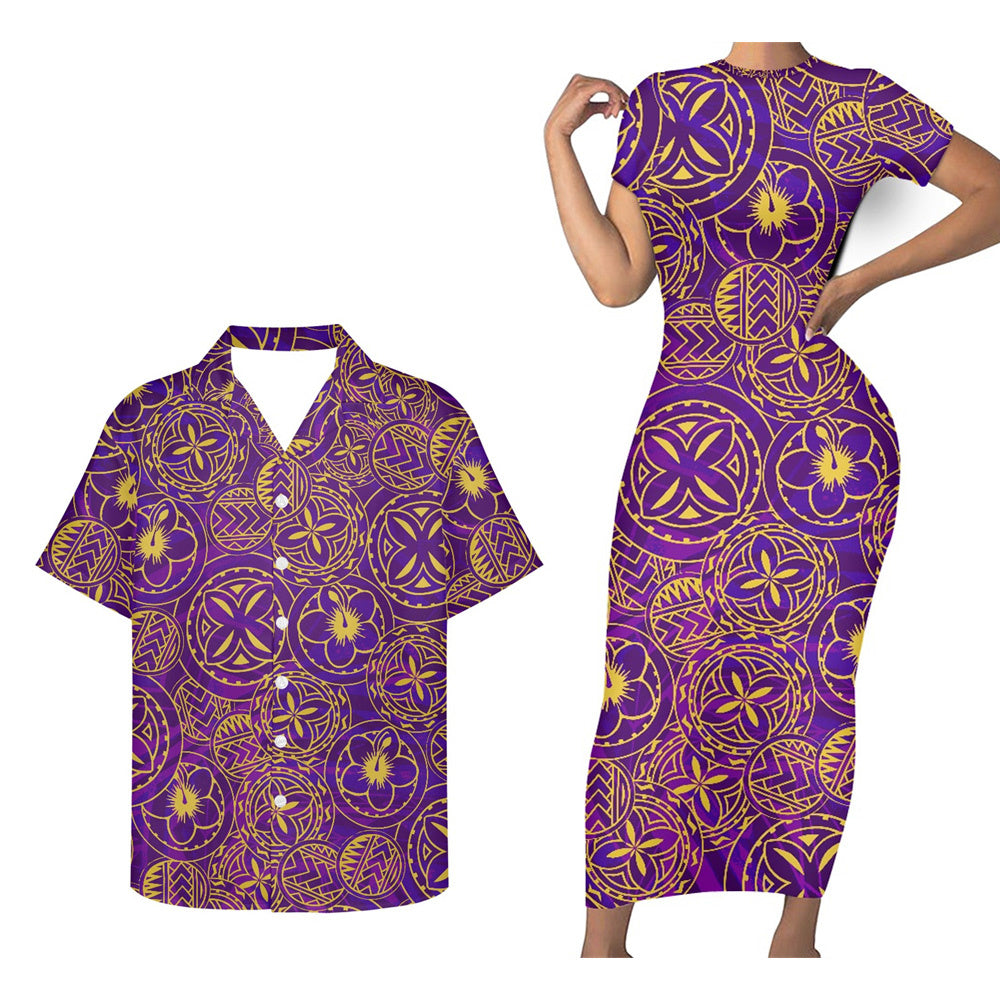 Flowers Polynesian Matching Outfit For Couple Polynesian Tight Short Sleeve Dress Men Short Sleeve Shirt Couple Set
