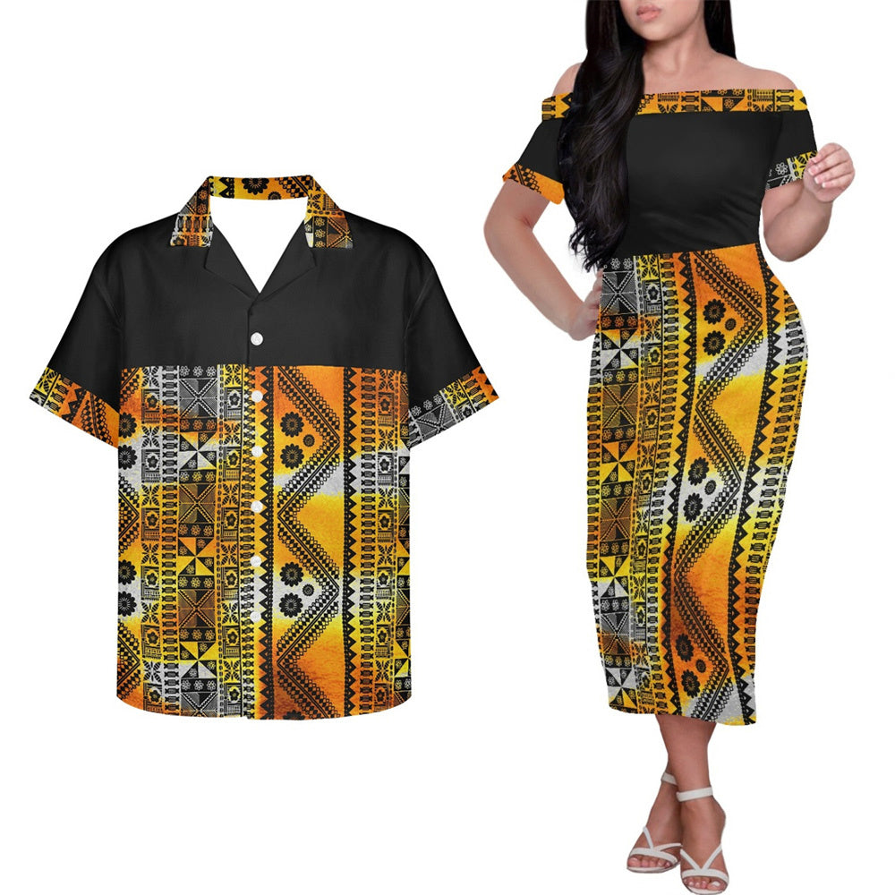 Polynesian Island Tribal Pattern Couple Outfits Half Style Island Hung Short Sleeved Dress And Hawaiian Shirt Party Outfit Set