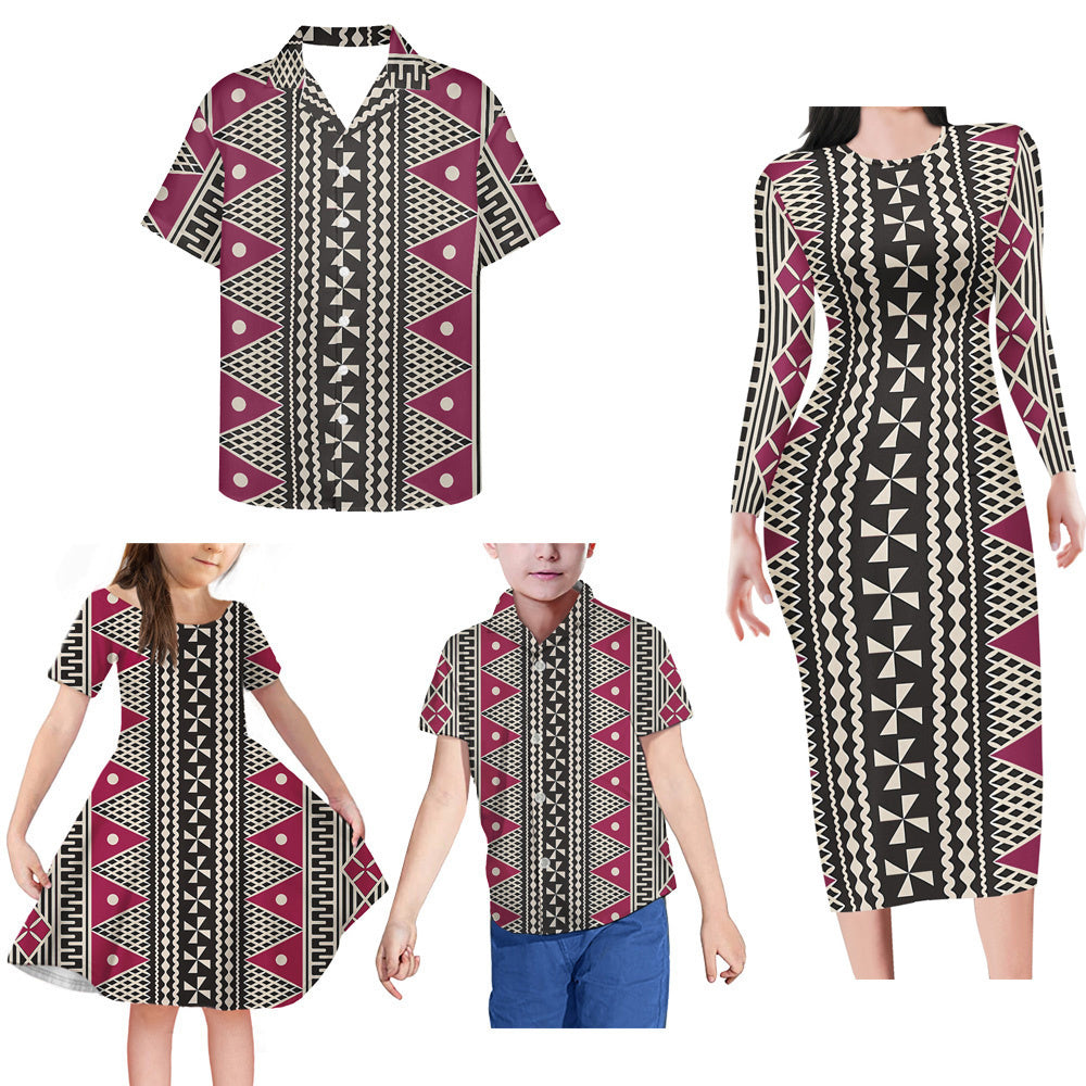 Polynesian Tribal Pattern Matching Family Outfits Island Black Bodycon Long Sleeve Dress And Shirt Family Members