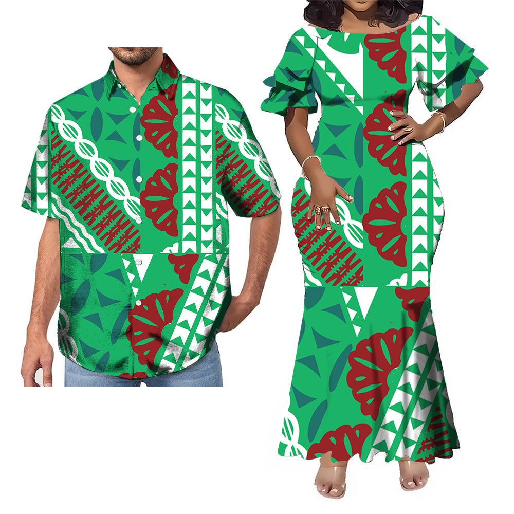 Polynesian Tribal Pattern Green Geometric Fishtail Skirt Dress And Hawaii Shirt Couple Set