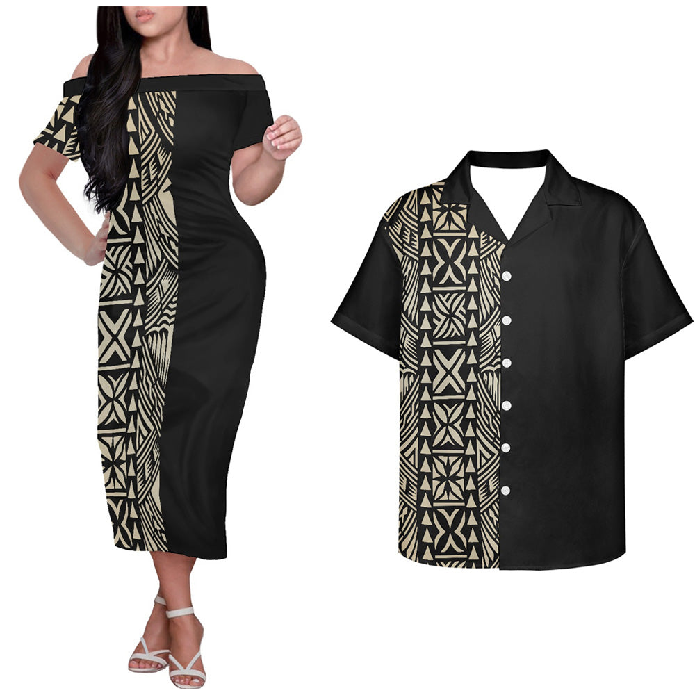 Polynesian Tribal Island Pattern Black Couple Outfits Tropical Half Style Hung Short Sleeved Dress And Hawaiian Shirt Couple Set