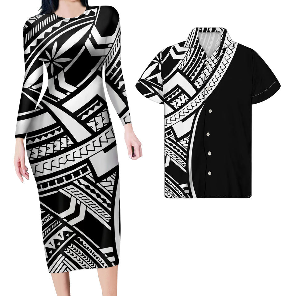 Hawaii Black And White Matching Outfit For Couples Polynesian Tribal Bodycon Dress And Hawaii Shirt